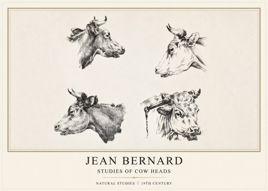 Jean Bernard Studies of Cattle - Four Heads No2 - Póster