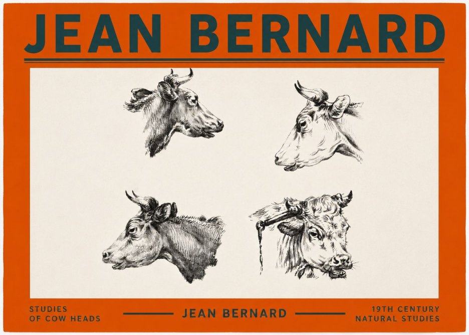 Jean Bernard Studies of Cattle - Four Heads No3 - Póster
