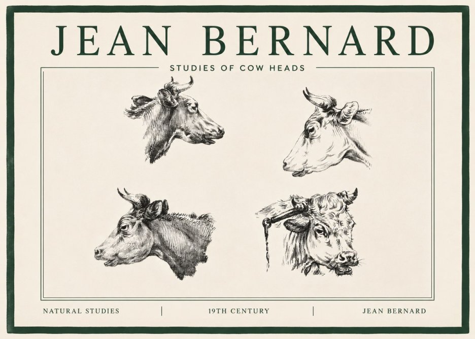 Jean Bernard Studies of Cattle - Four Heads No4 - Póster