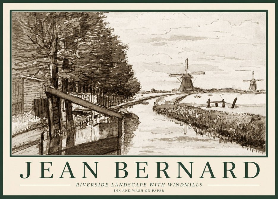 Jean Bernard Riverside Landscape with Windmills No1 - Póster