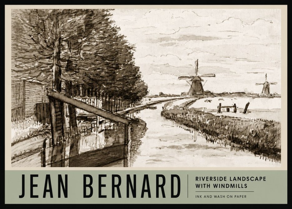 Jean Bernard Riverside Landscape with Windmills No3 - Póster
