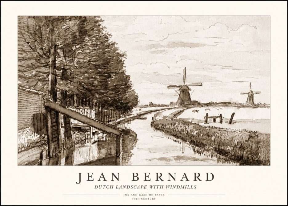 Jean Bernard Riverside Landscape with Windmills No4 - Póster