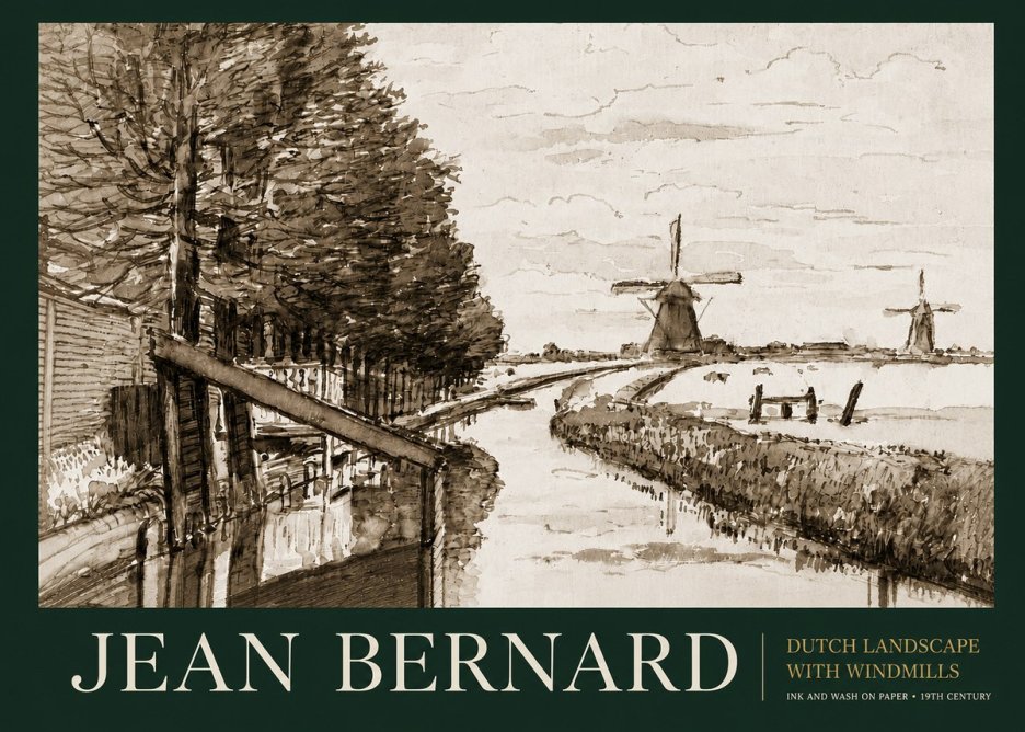 Jean Bernard Riverside Landscape with Windmills No6 - Póster