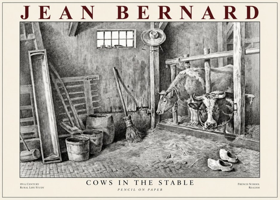 Jean Bernard Cows in the Stable No1 - Póster