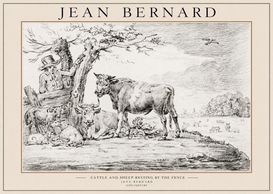 Jean Bernard Cattle and Sheep Resting by the Fence No1 - Póster
