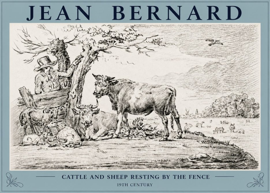 Jean Bernard Cattle and Sheep Resting by the Fence No3 - Póster