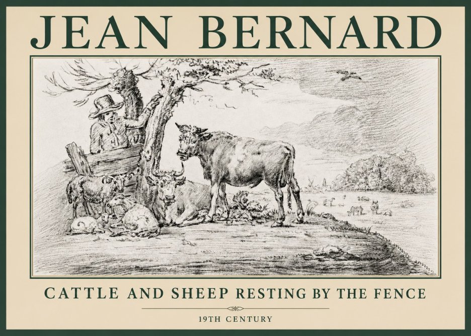 Jean Bernard Cattle and Sheep Resting by the Fence No4 - Póster