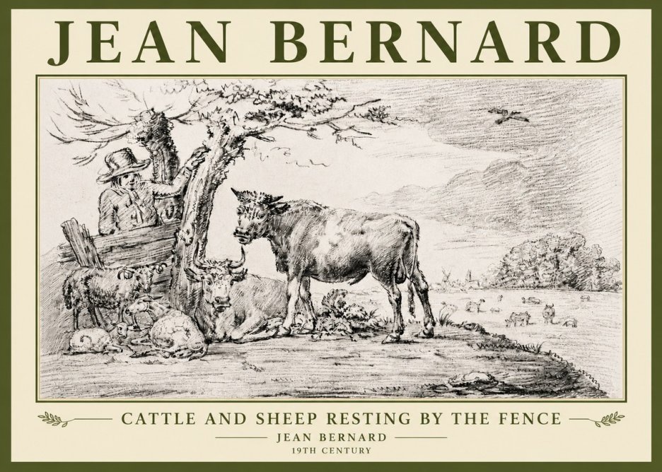 Jean Bernard Cattle and Sheep Resting by the Fence No5 - Póster