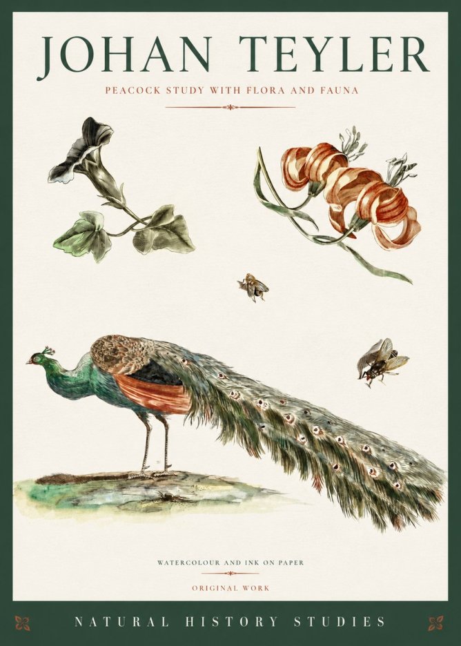 Johan Teyler Peacock Study with Flora and Fauna No3 - Póster