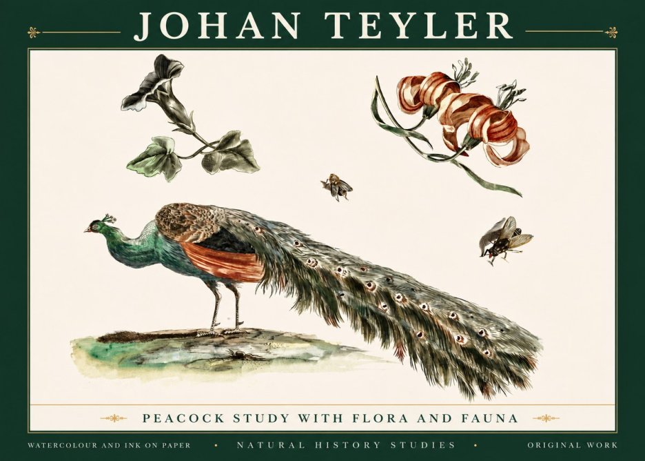 Johan Teyler Peacock Study with Flora and Fauna No5 - Póster