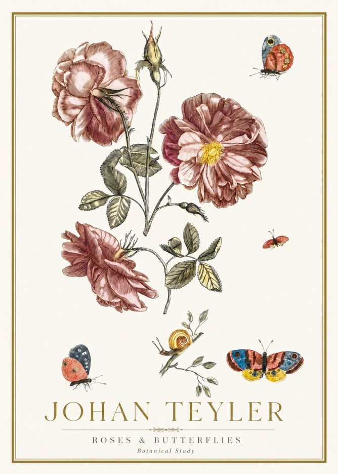 Johan Teyler Roses & Butterflies - Botanical Study No2 - Póster