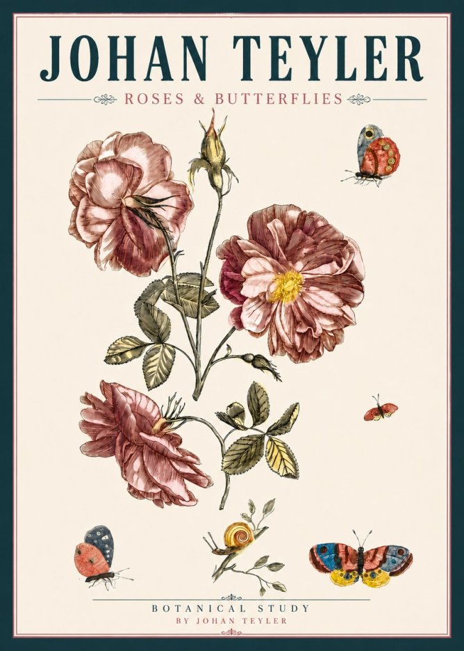 Johan Teyler Roses & Butterflies - Botanical Study No4 - Póster