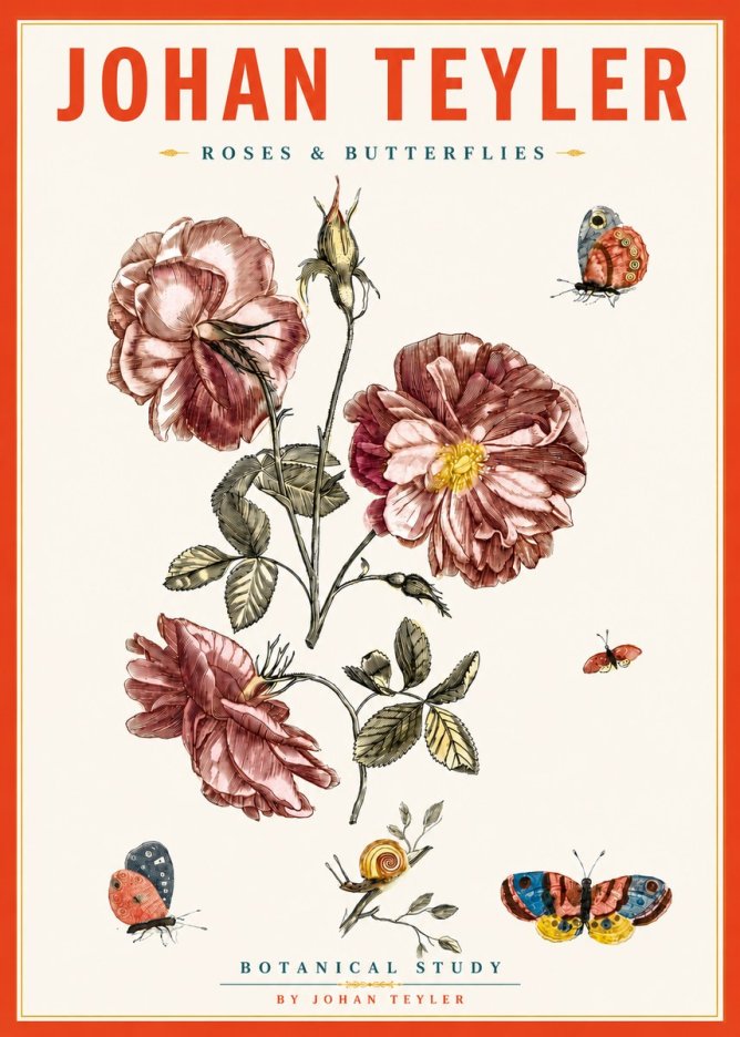 Johan Teyler Roses & Butterflies - Botanical Study No5 - Póster