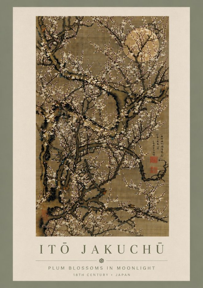 Itō Jakuchū Plum Blossoms in Moonlight No5 - Póster