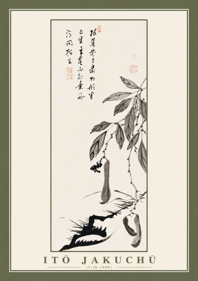 Itō Jakuchū Branch with Pods and Calligraphy No2 - Póster