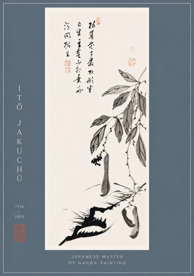 Itō Jakuchū Branch with Pods and Calligraphy No6 - Póster