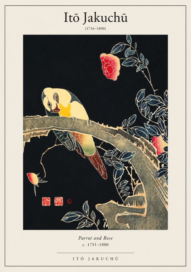 Itō Jakuchū Parrot and Rose No1 - Póster