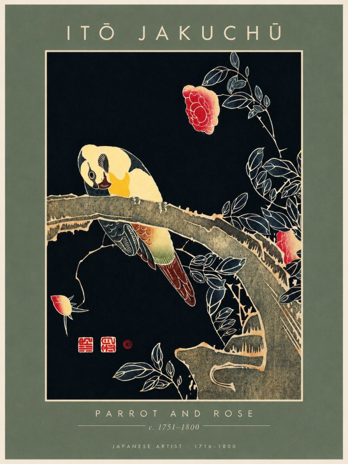 Itō Jakuchū Parrot and Rose No4 - Póster