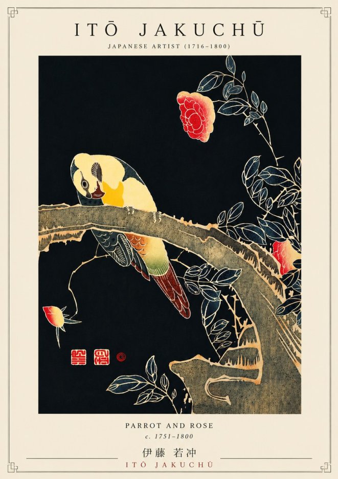 Itō Jakuchū Parrot and Rose No5 - Póster