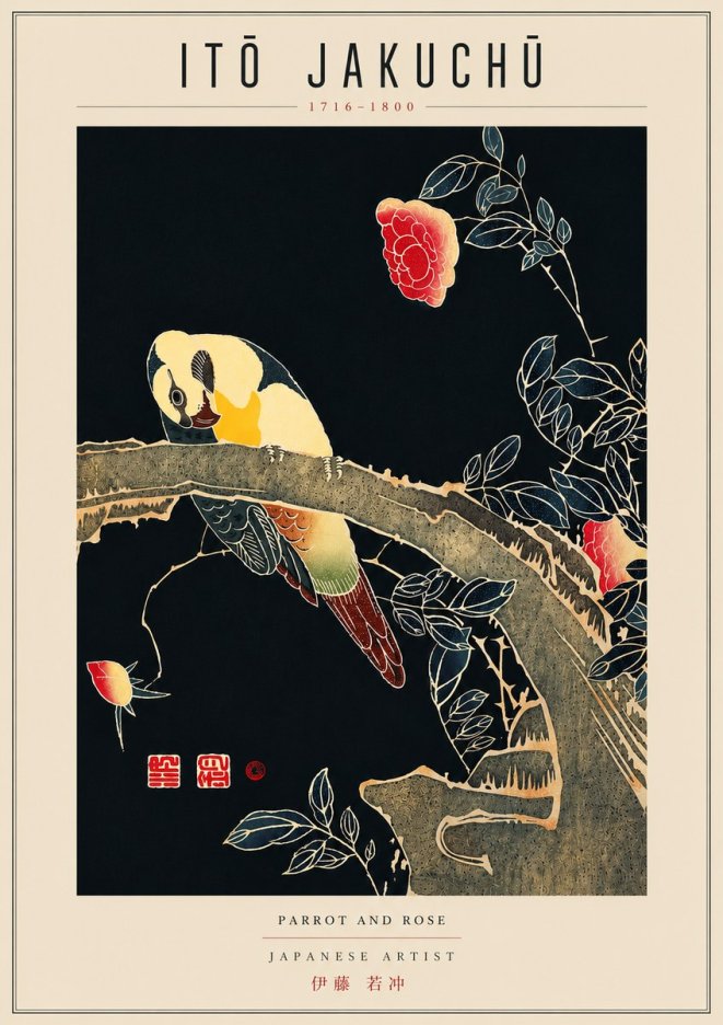 Itō Jakuchū Parrot and Rose No6 - Póster