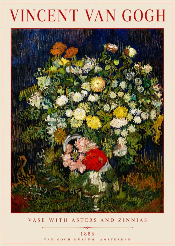 Van Gogh Vase with Asters and Zinnias No6 - Póster