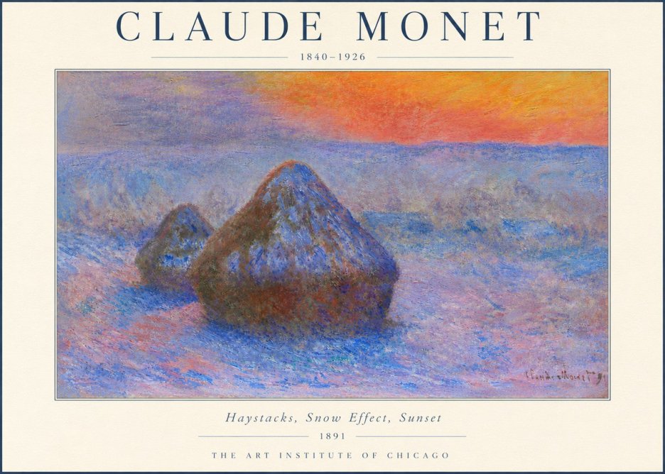 Monet Haystacks, Snow Effect, Sunset No3 - Póster