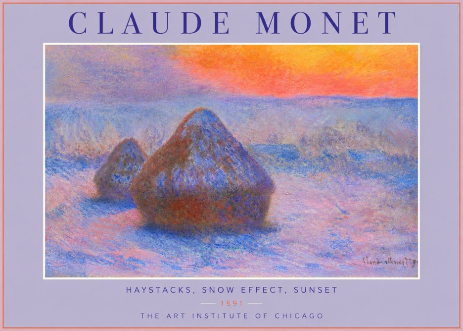 Monet Haystacks, Snow Effect, Sunset No4 - Póster
