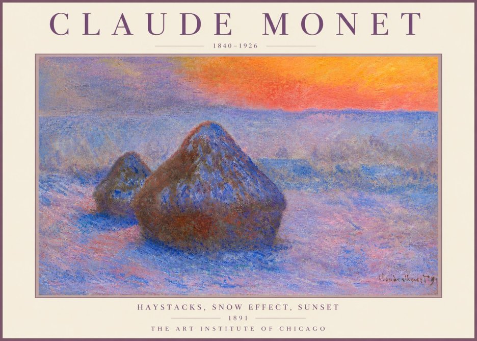 Monet Haystacks, Snow Effect, Sunset No6 - Póster