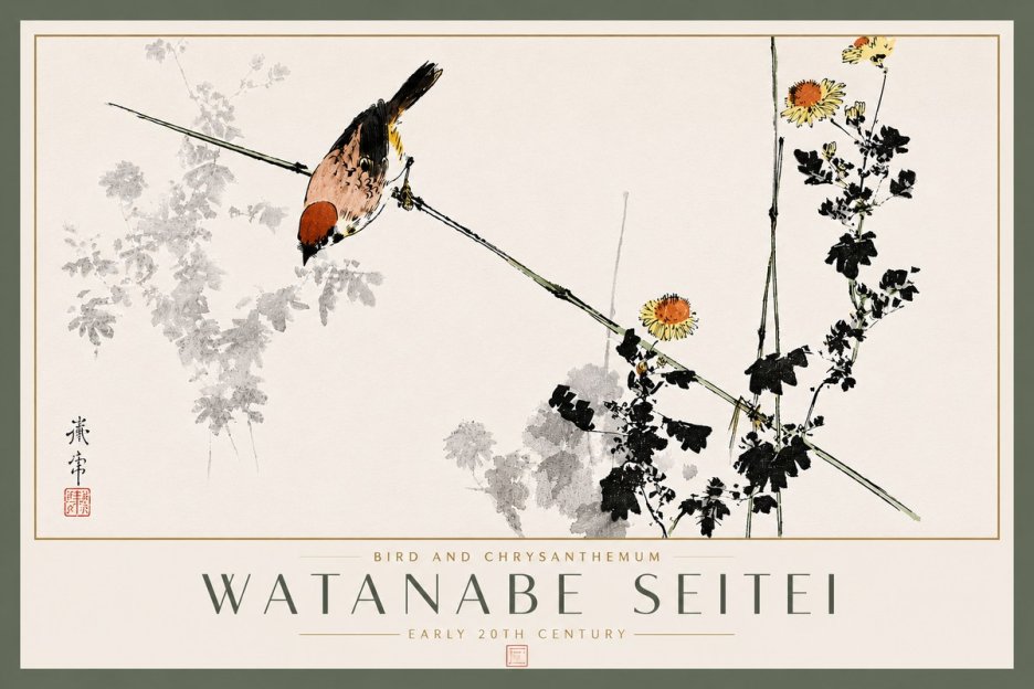 Watanabe Seitei Bird and Chrysanthemum No5 - Póster