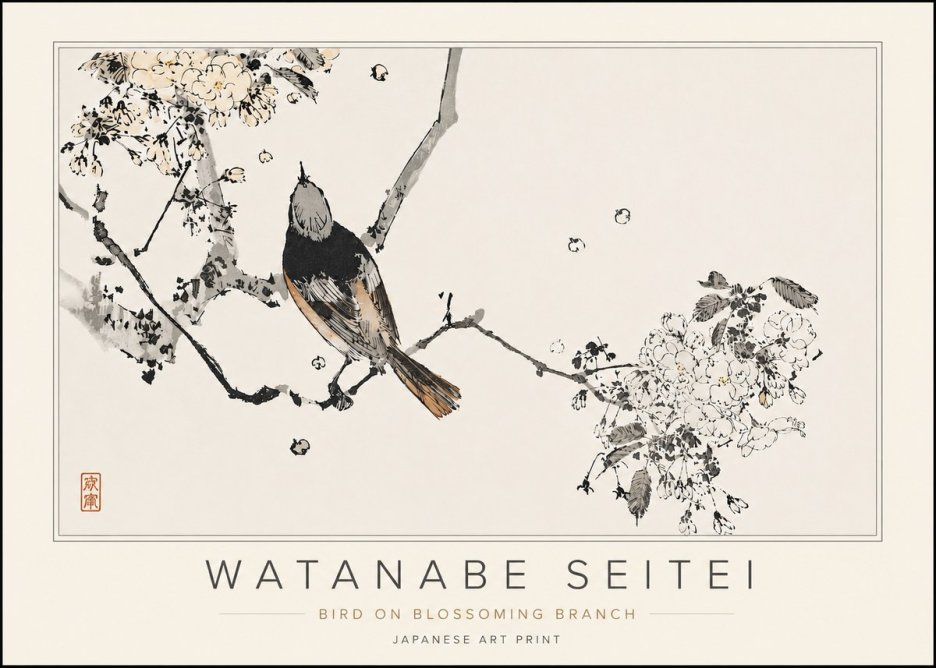 Watanabe Seitei Bird on Blossoming Branch No5 - Póster