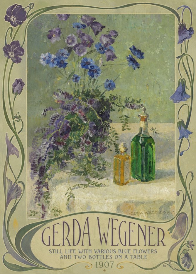 Gerda Wegener Still Life with Various Blue Flowers and Two Bottles on a Table No2 - Póster