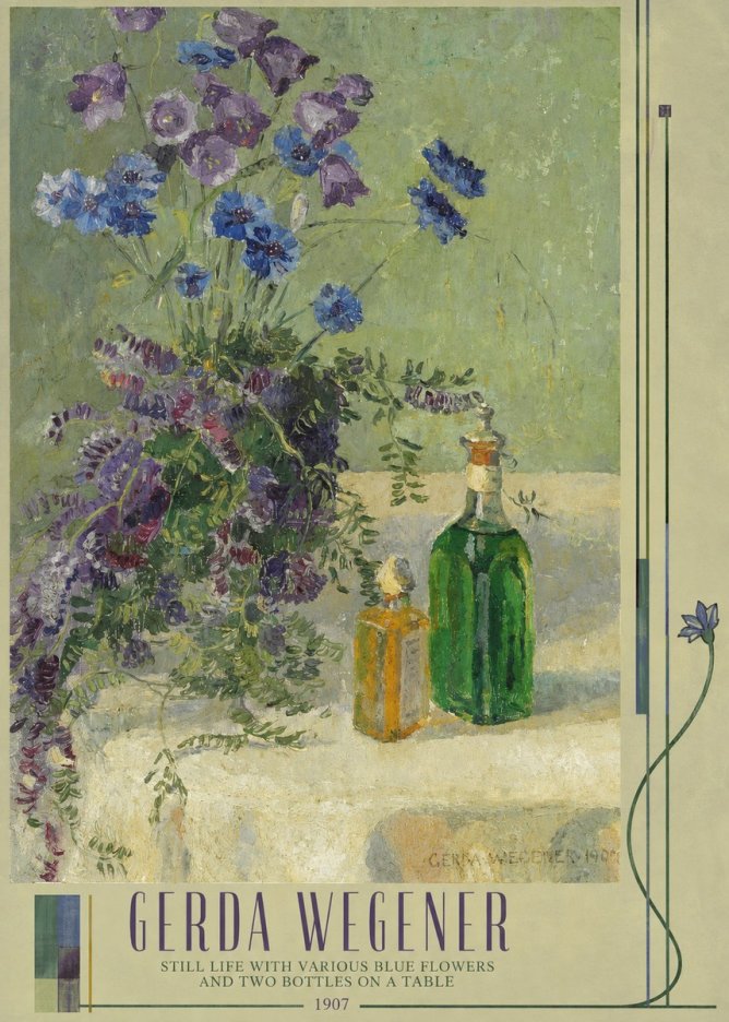 Gerda Wegener Still Life with Various Blue Flowers and Two Bottles on a Table No3 - Póster