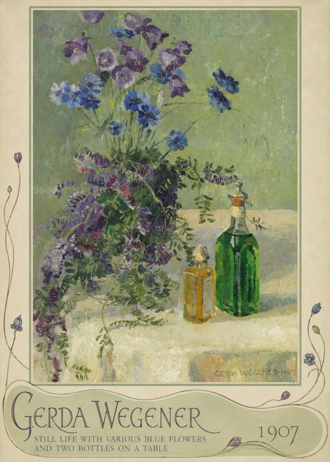 Gerda Wegener Still Life with Various Blue Flowers and Two Bottles on a Table No5 - Póster