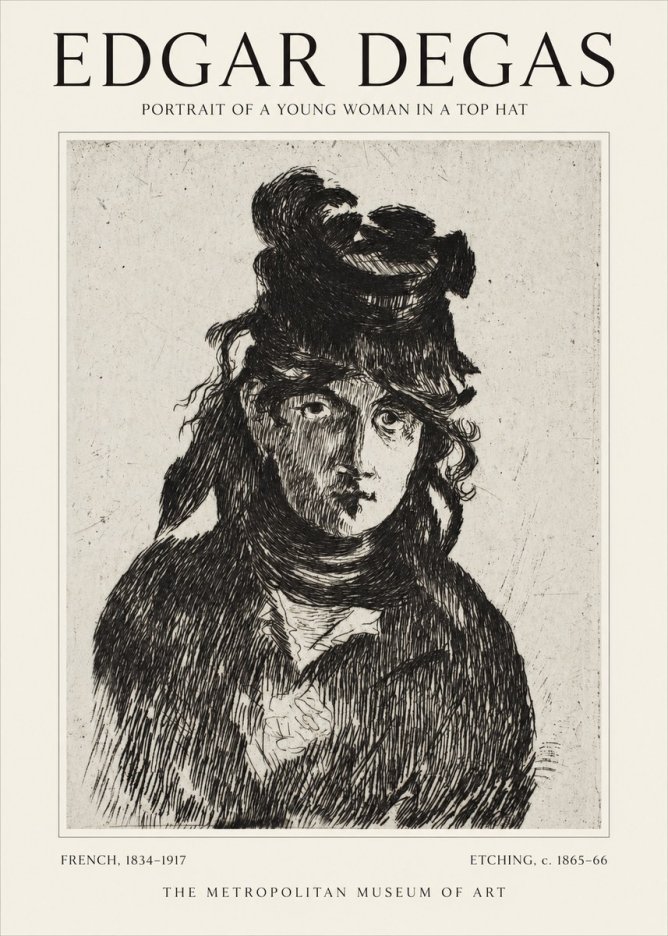 Edgar Degas Portrait of a Young Woman in a Top Hat No1 - Póster