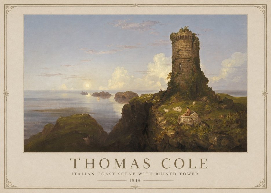 Thomas Cole Italian Coast Scene with Ruined Tower II No1 - Póster