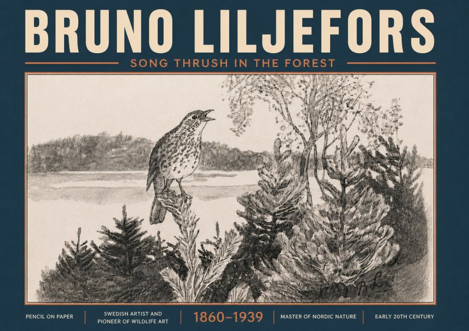 Bruno Liljefors Song Thrush in the Forest No6 - Póster