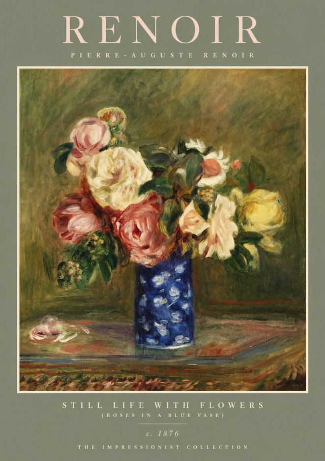 Renoir Still Life with Flowers (Roses in a Blue Vase) No2 - Póster