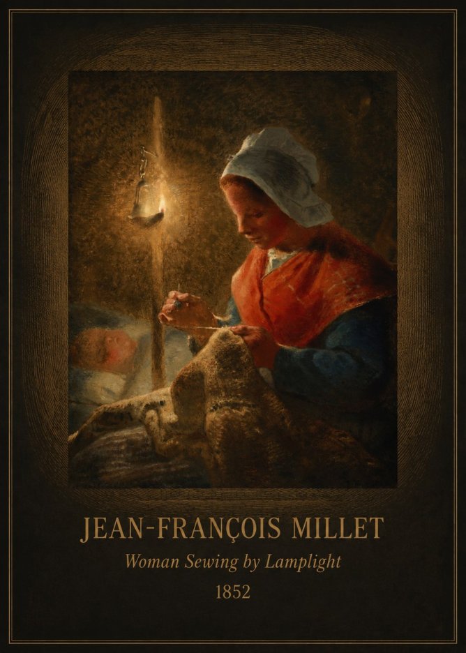 Jean-François Millet Woman Sewing by Lamplight No4 - Póster