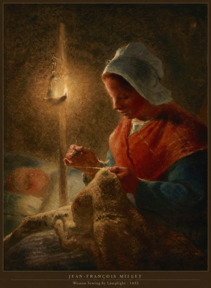 Jean-François Millet Woman Sewing by Lamplight No6 - Póster