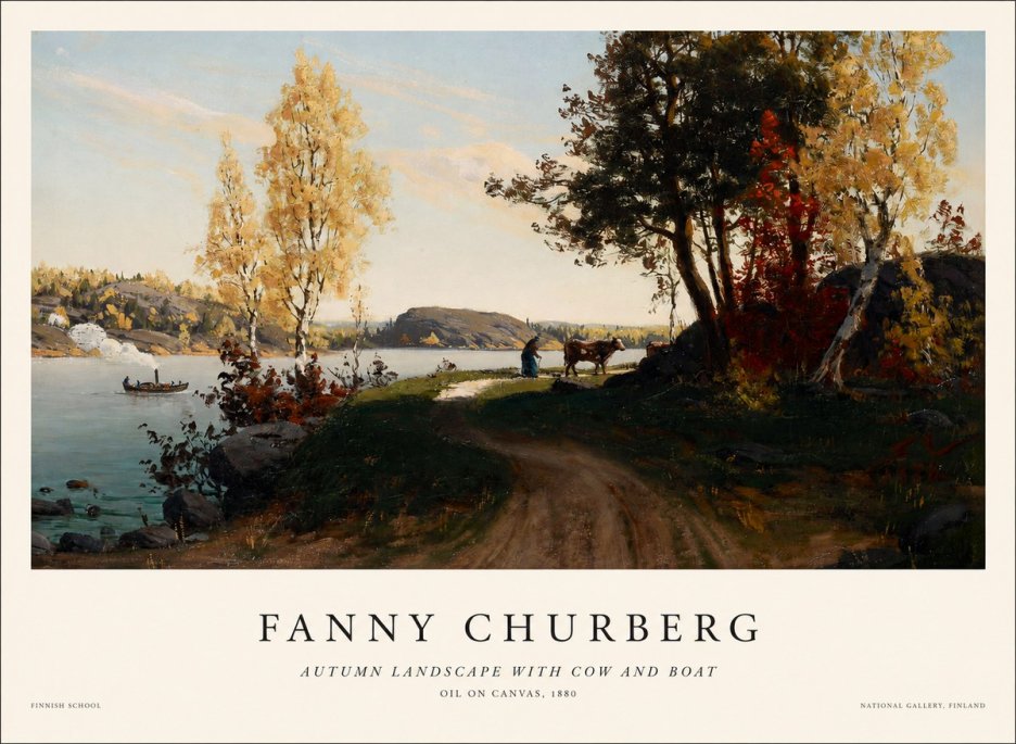 Fanny Churberg Autumn Landscape with Cow and Boat No1 - Póster