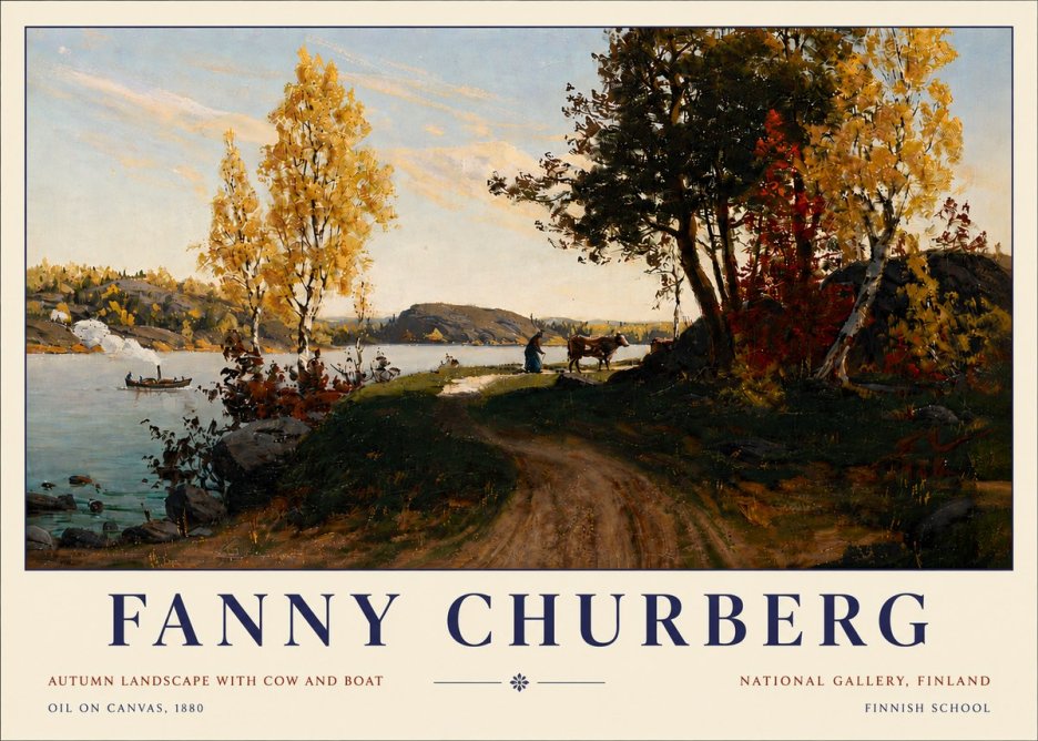 Fanny Churberg Autumn Landscape with Cow and Boat No5 - Póster