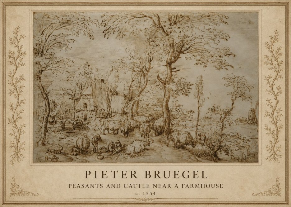 Pieter Bruegel Peasants and Cattle Near a Farmhouse No1 - Póster