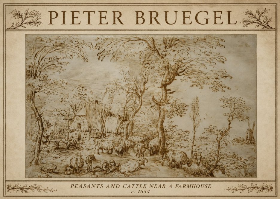 Pieter Bruegel Peasants and Cattle Near a Farmhouse No3 - Póster
