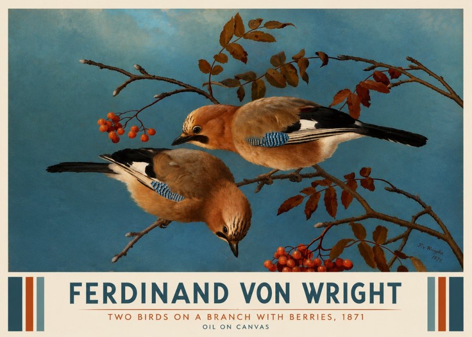 Ferdinand von Wright Two Birds on a Branch with Berries, 1871 No3 - Póster
