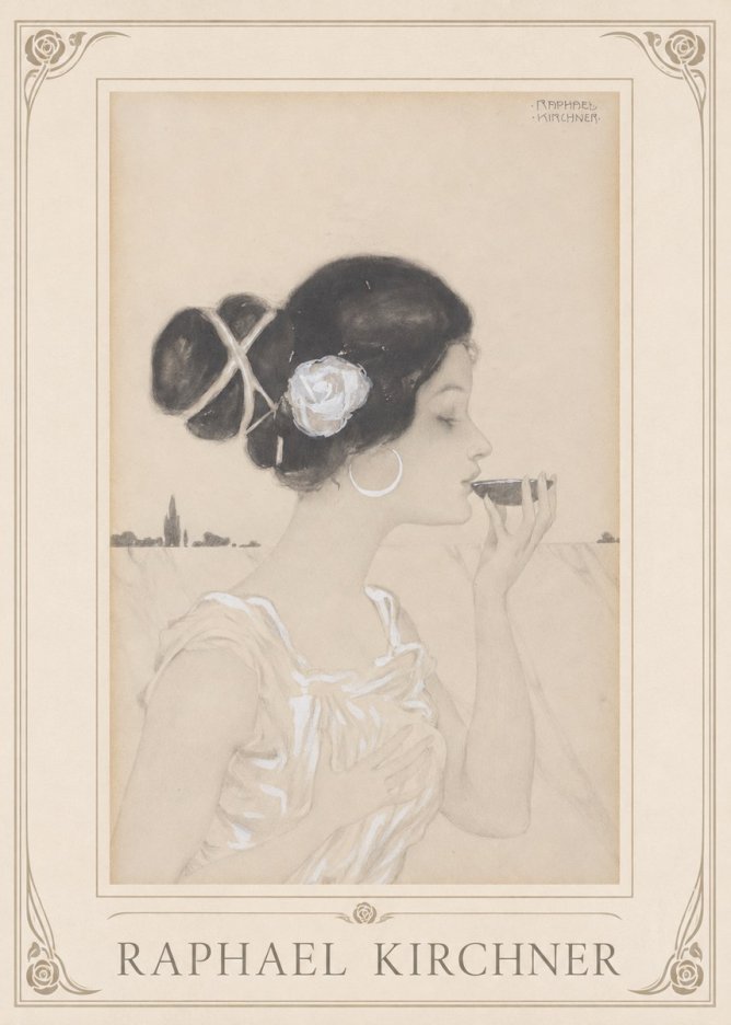 Raphael Kirchner Elegant Lady with Rose and Cup No1 - Póster