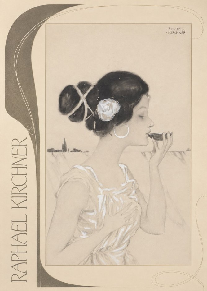 Raphael Kirchner Elegant Lady with Rose and Cup No2 - Póster