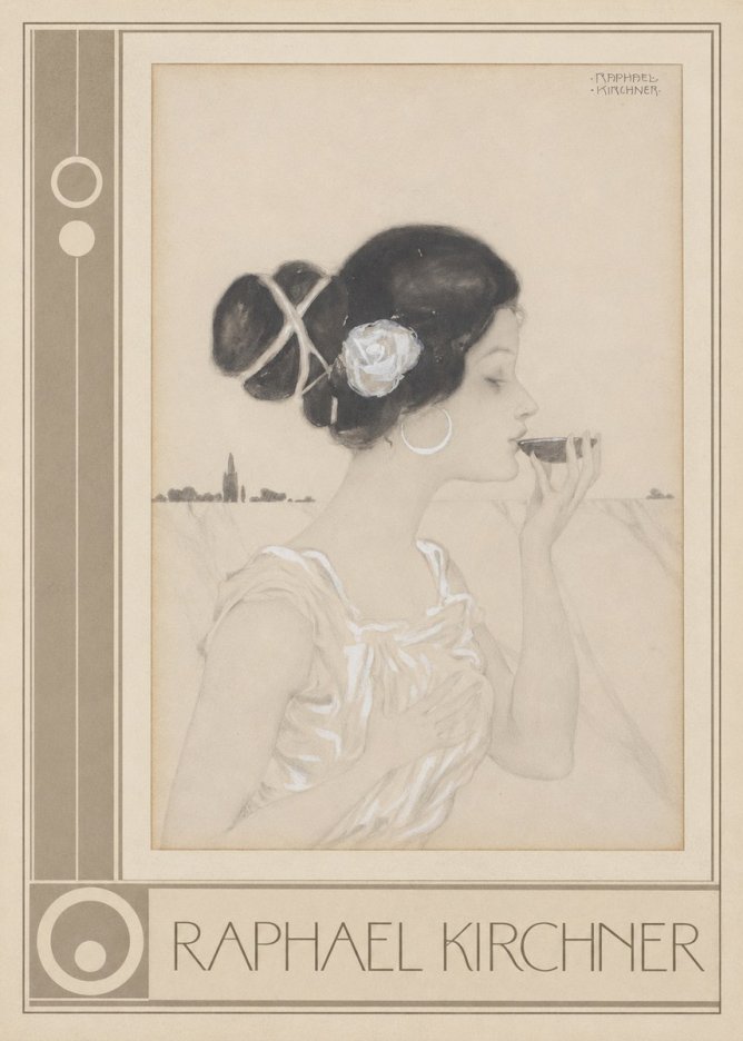 Raphael Kirchner Elegant Lady with Rose and Cup No3 - Póster