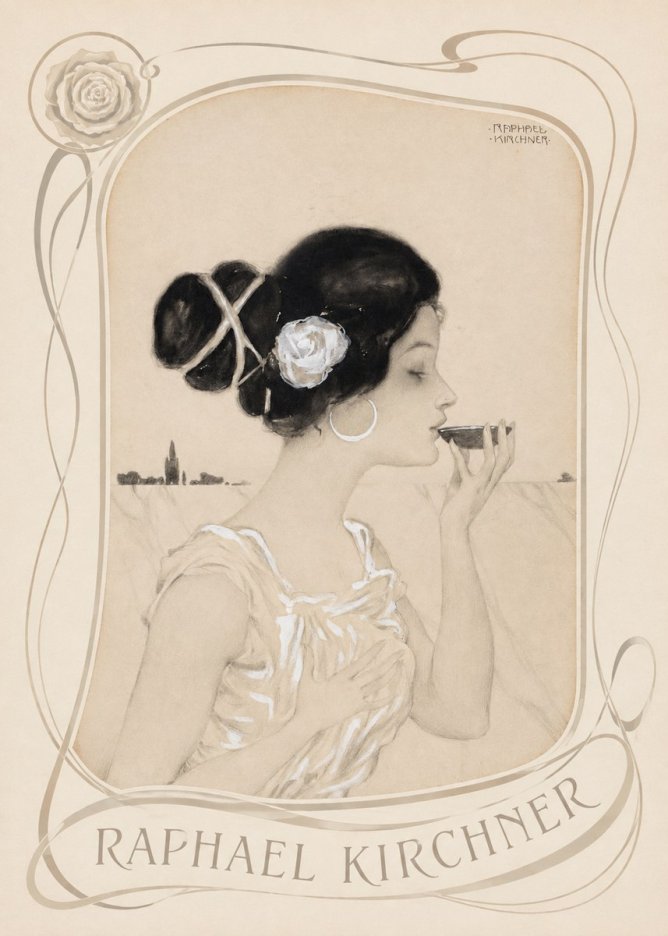 Raphael Kirchner Elegant Lady with Rose and Cup No4 - Póster