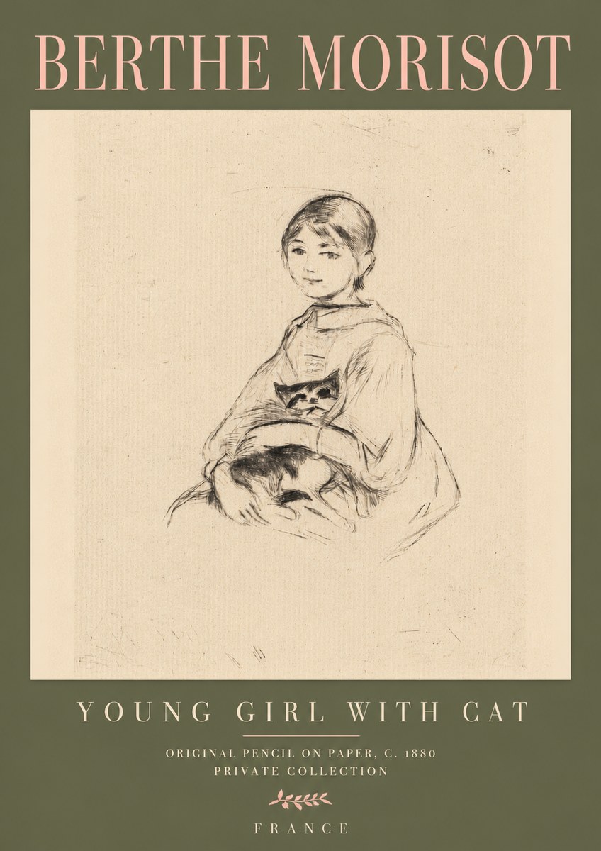Berthe Morisot Young Girl with Cat No4 - Póster