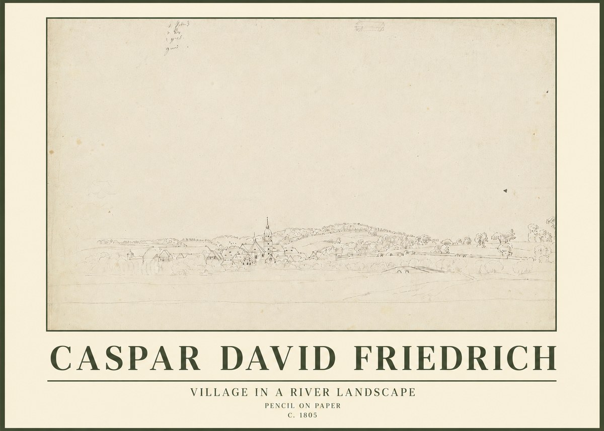 Caspar David Friedrich Village in a River Landscape No3 - Póster